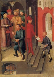 Weingartener Heilig-Blut-Tafel von 1489. Landesmuseum Württemberg, Stuttgart. Tafel 10: Adilbero meldet die göttliche Offenbarung den Notabeln Mantuas (nach der Legende im Jahr 1048)